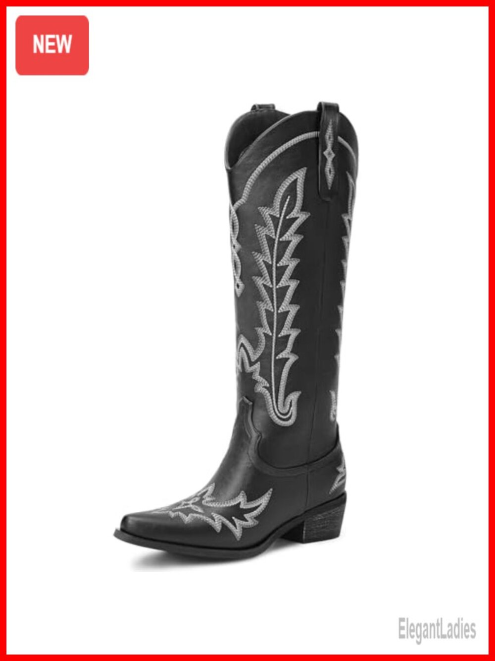 Knee High Pointed Toe Chunky Heel Pull On Western Cowboy Boots